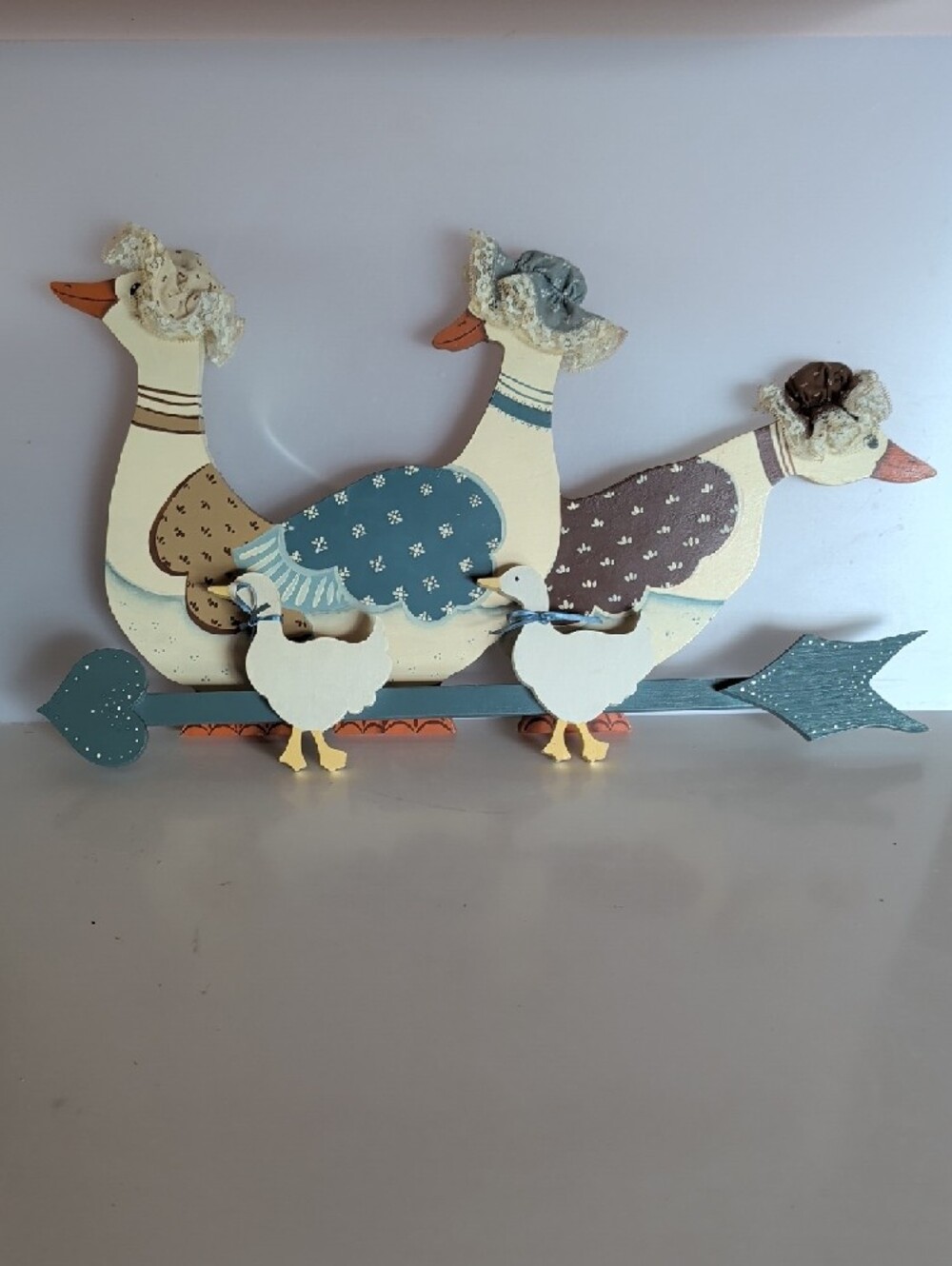 2 Wooden Decorative  Ducks / Geese Wall Decor,  Blue, Brown and Tan.